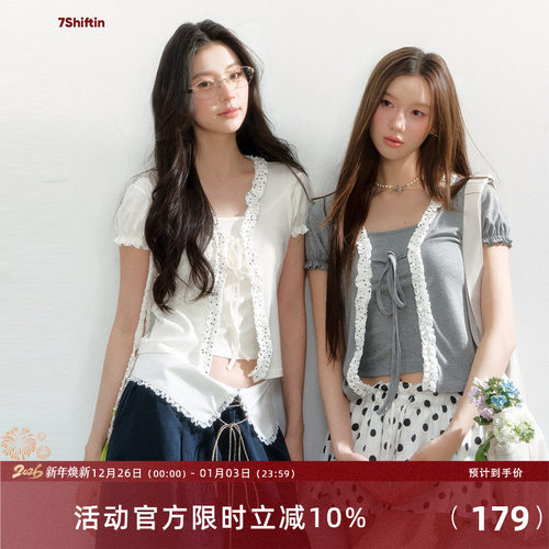 7Shiftin 原创设计双色甜美假两件上衣泡泡袖修身蕾丝绑带短袖T恤