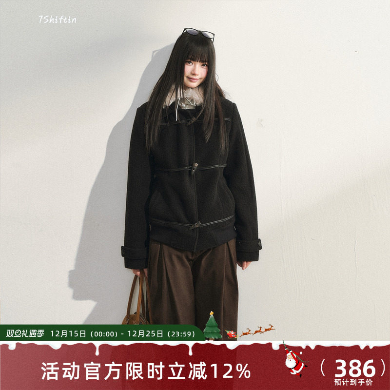 7Shiftin 原创设计黑色牛角扣外套秋冬新款百搭修身保暖毛呢大衣