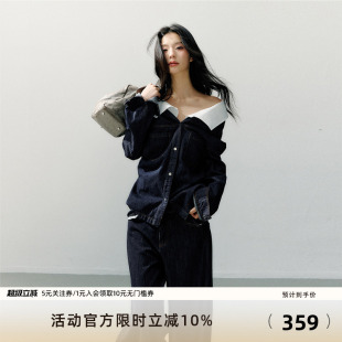 7Shiftin 原创设计新款长袖休闲一字肩短外套深蓝色牛仔衬衫上衣