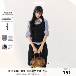 7Shiftin 原创设计复古学院风套装翻领格纹清爽上衣简约百搭裙女