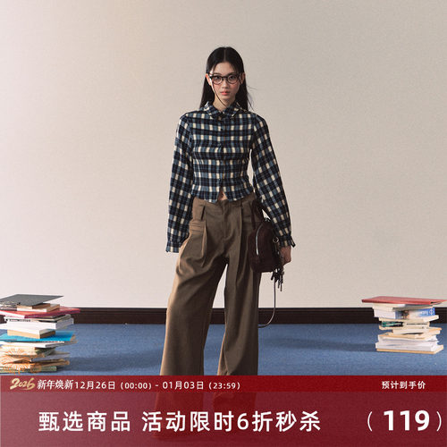 7Shiftin复古修身衬衣秋冬新款格纹衬衫休闲裤套装女