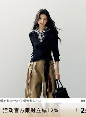 7Shiftin 原创设计感假两件拼接黑白格子长袖针织T恤打底衫上衣女