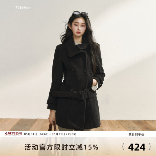 7Shiftin 原创黑色毛呢外套秋冬款双排扣高级可拆卸下摆呢子大衣