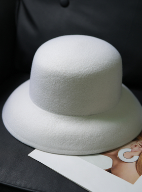 柏川 赫本风羊毛呢渔夫帽女法式秋冬100羊毛白色圆顶礼帽优雅盆帽