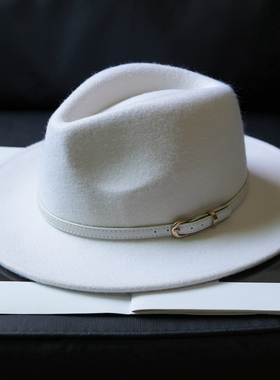 羊毛帽子女秋冬百搭时尚礼帽白色羊毛呢平沿礼帽英伦复古休闲礼帽