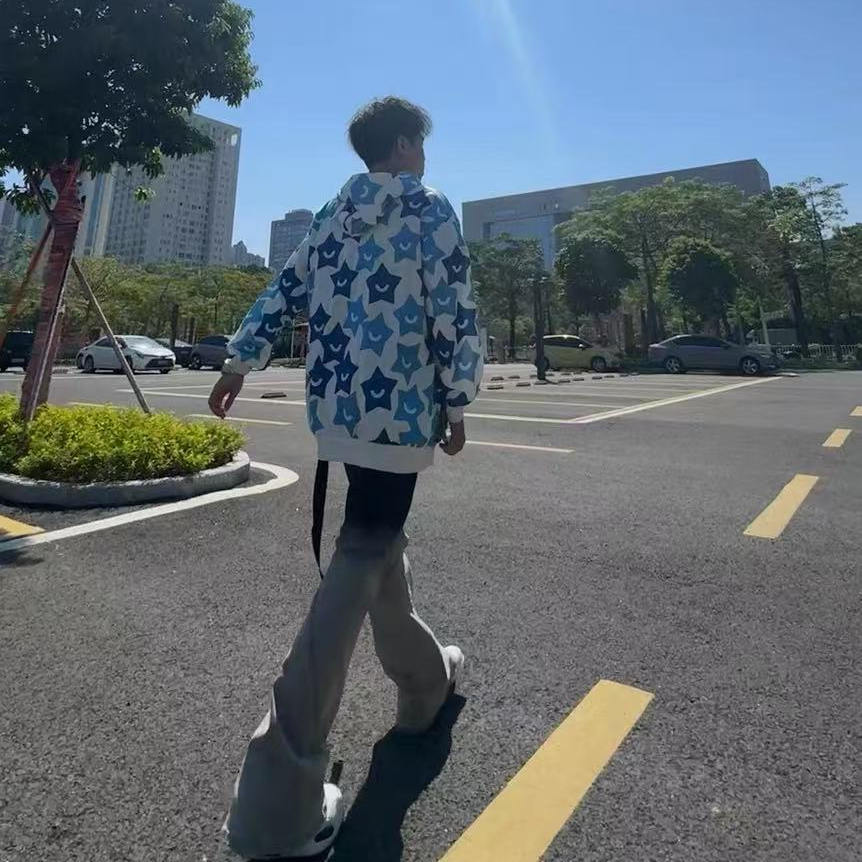 高街复古黑灰渐变色飘带牛仔裤男美式小众设计学生微喇叭直筒裤子