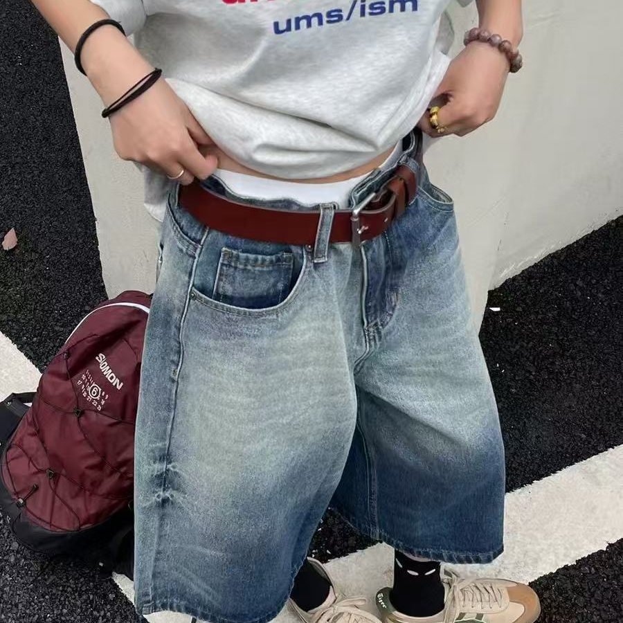 春夏新款美式复古做旧水洗牛仔裤男女宽松直筒七分裤高街阔腿短裤