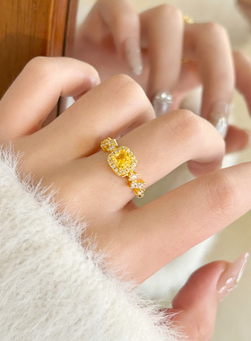 感甜美小方糖黄钻女锆石镶嵌轻奢百搭精致食指开口戒叠戴手饰