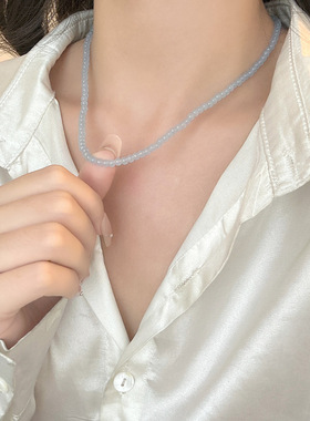 韩系小众设计蓝色串珠项链女穿搭个性高级感气质简约精致锁骨链