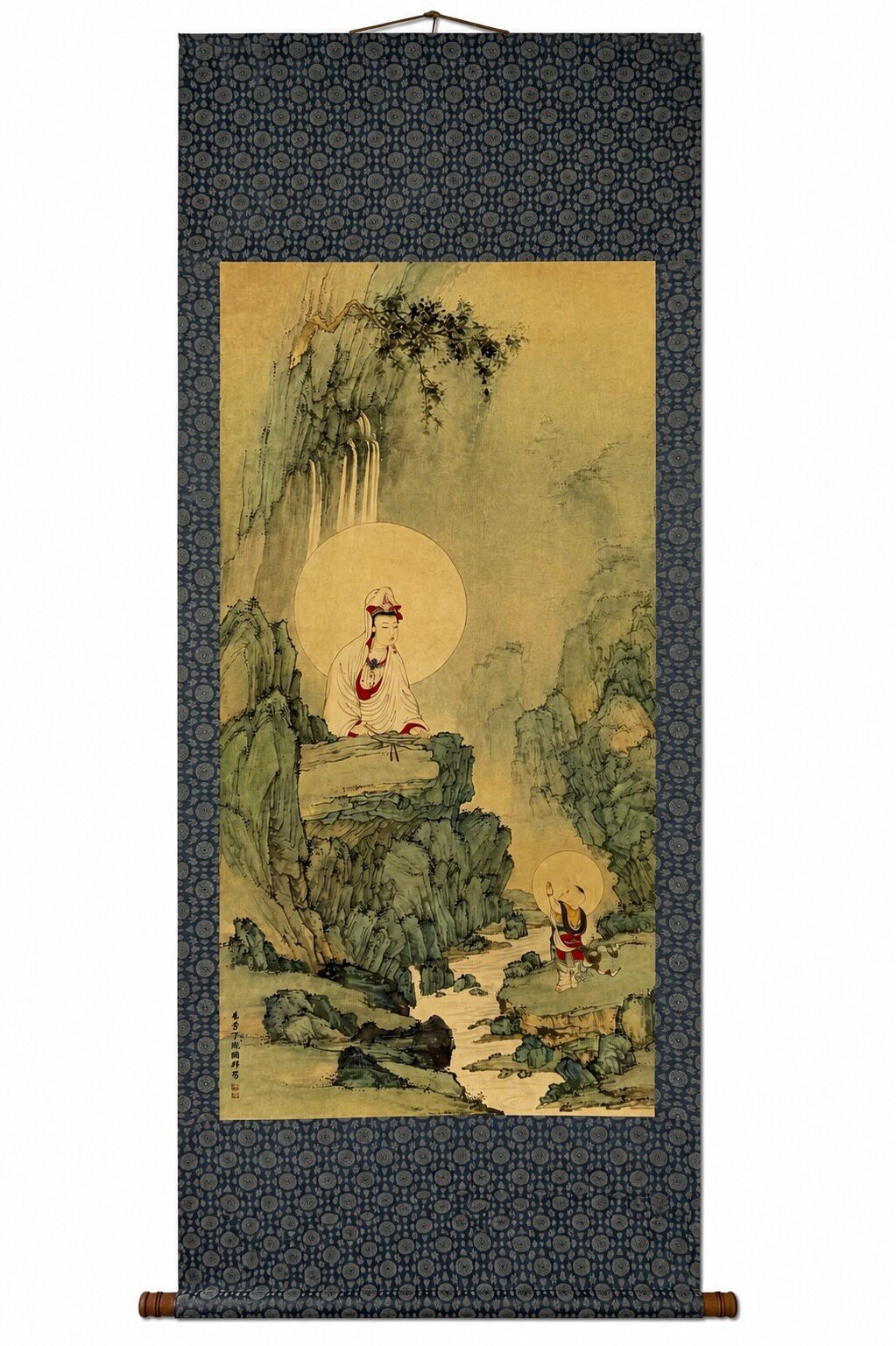 国画观音菩萨卷轴客厅中堂画 丁观鹏竹林童子拜观音图客厅装饰画