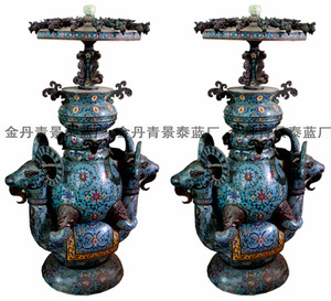 大型手工紫铜胎景泰蓝珐琅作旧羊尊仿古青铜器收藏艺术摆件一对