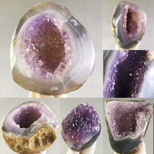 天然白紫水晶洞玛瑙摆件聚宝盆消磁奇石收藏学生地质科普教学标本