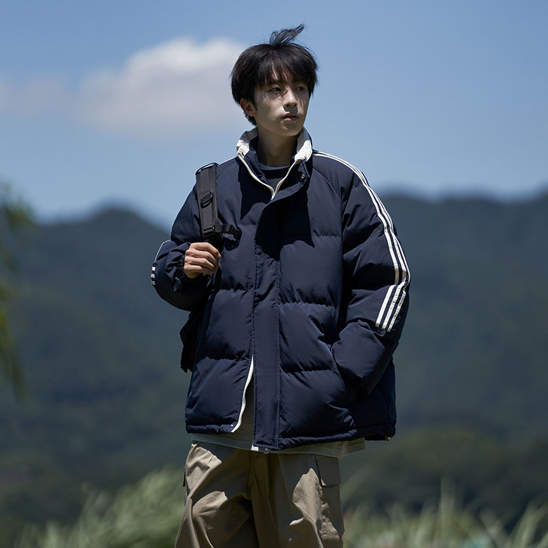 2025新款条纹立领棉服男款冬季加厚三条杠棉衣外套面包服棉袄情侣