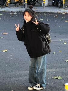 黑色冲锋棉衣外套女冬季2023新款宽松高级感工装夹克加厚棉袄棉服