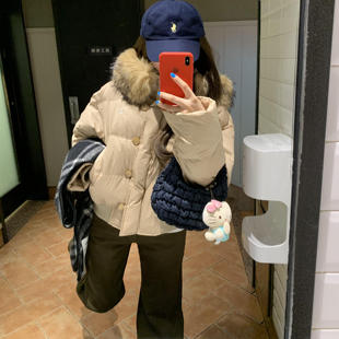 卡其色羽绒棉服女2025新款冬季毛领连帽设计感短款面包服加厚外套