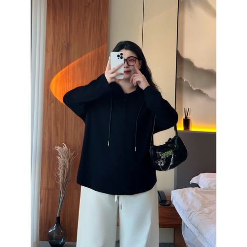 梵朵大码女装初春新款高级感连帽设计胖MM针织衫百搭上衣潮15625Y
