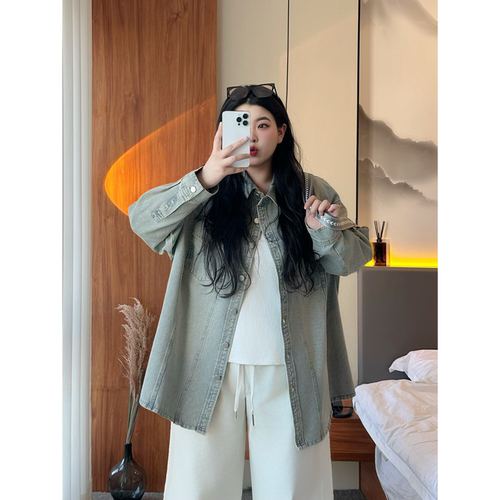 梵朵大码女装初春时尚休闲不臃肿牛仔衬衫宽松显瘦小众外套15559Y