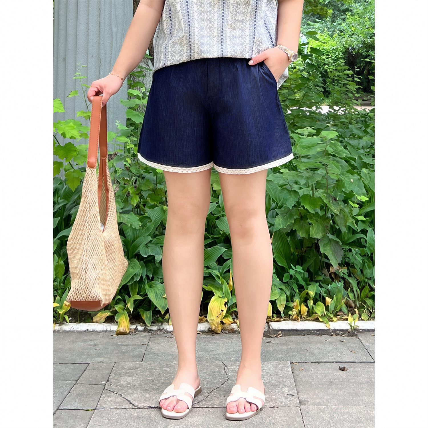 花契大码裤装15412深蓝色直筒短裤女夏胖mm高腰显瘦阔腿薄款裤子