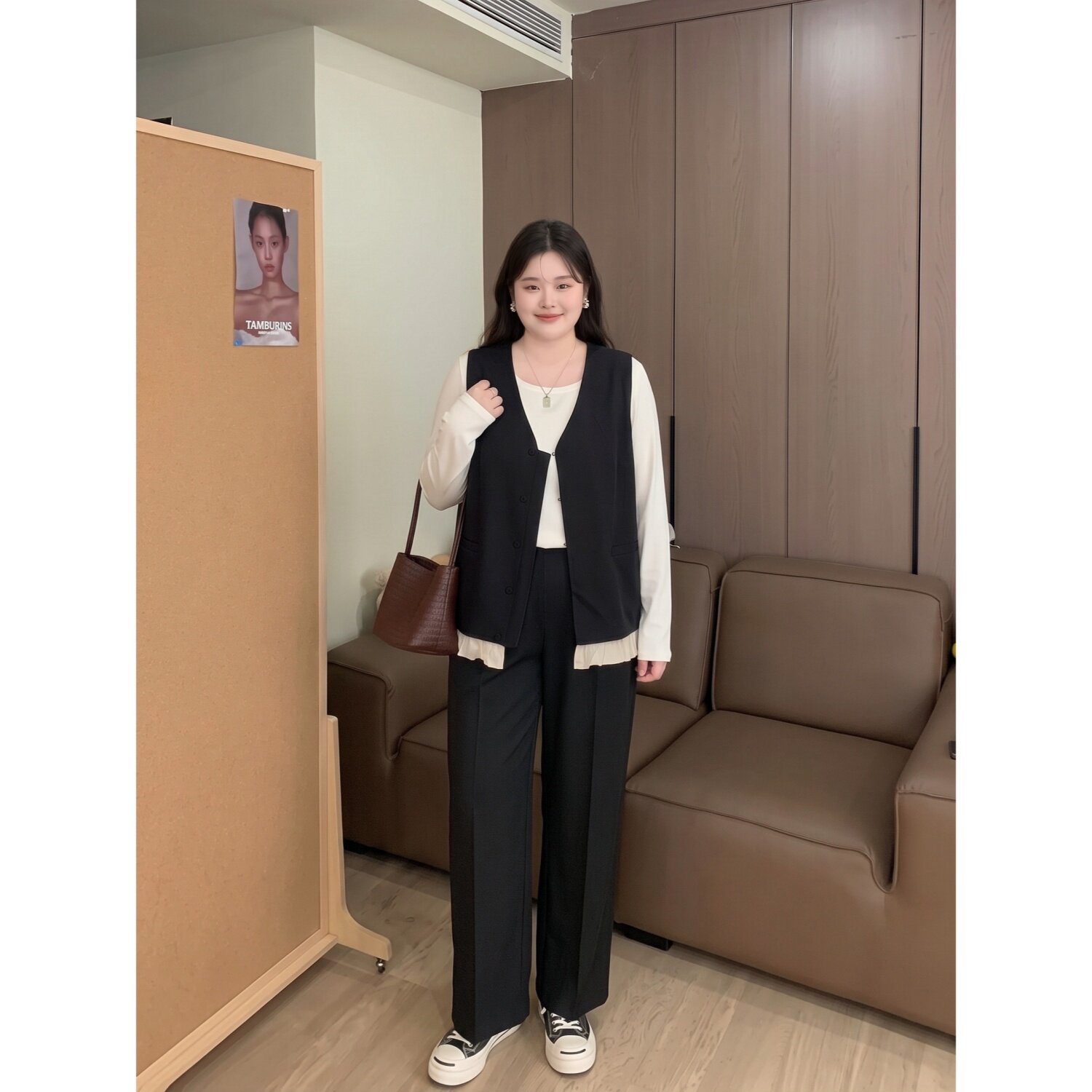 梵朵大码女装秋季宽松花边拼接马甲背心通勤休闲裤两件套4437R