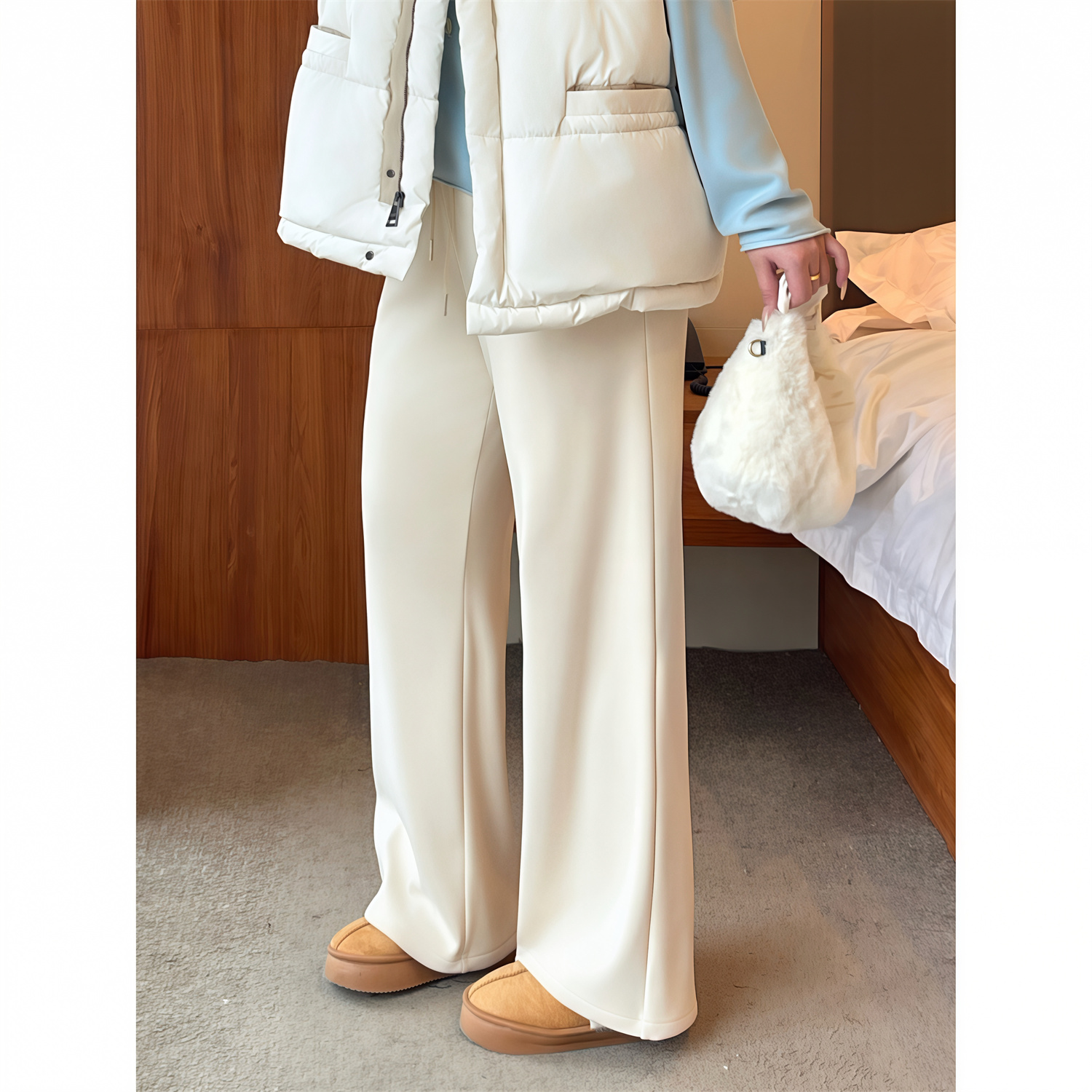 秋冬加绒气质显瘦高腰直筒休闲