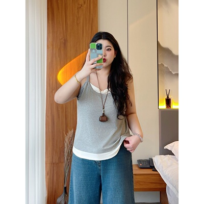 梵朵大码女装12029夏季胖MM高级百搭假两件背心吊带显瘦遮肉上衣