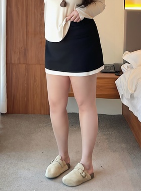 梵朵大码女装15584秋冬胖MM时尚假两件包臀短裙遮肚小众半身裙