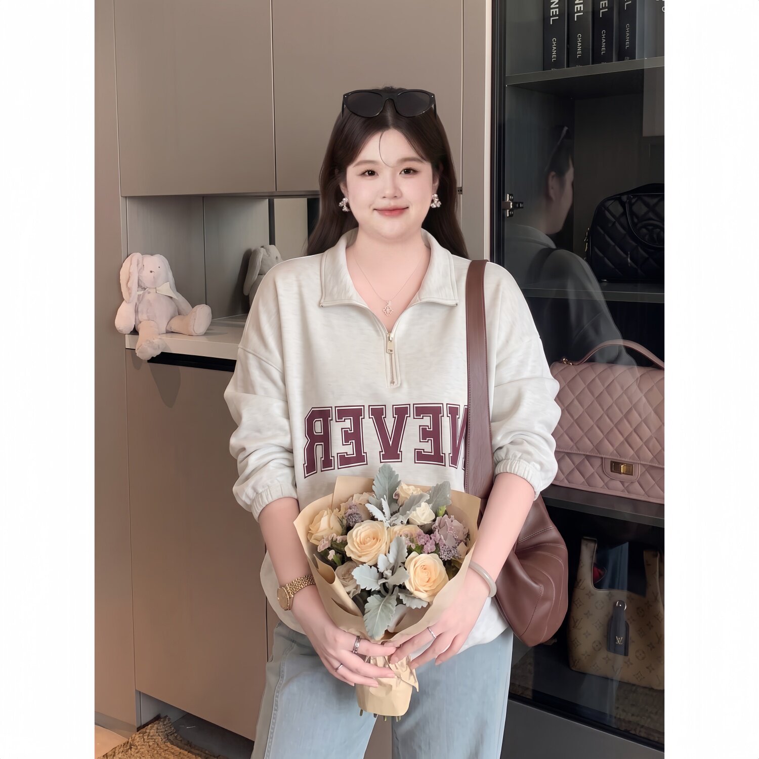 梵朵大码女装秋季学院风高级休闲卫衣半拉链设计个性上衣18898R