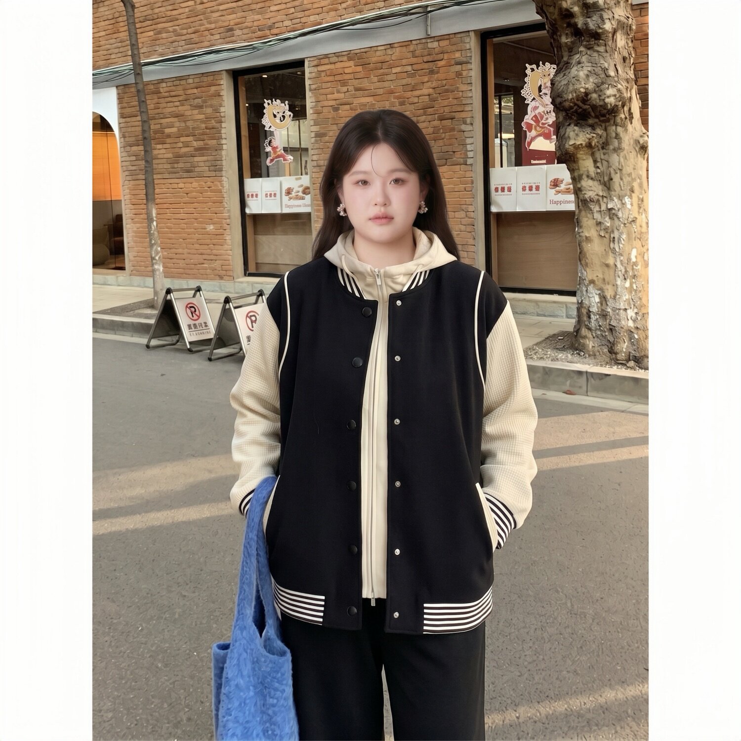 梵朵大码女装秋季新款胖妹妹休闲棒球服外套宽松撞色上衣19055R