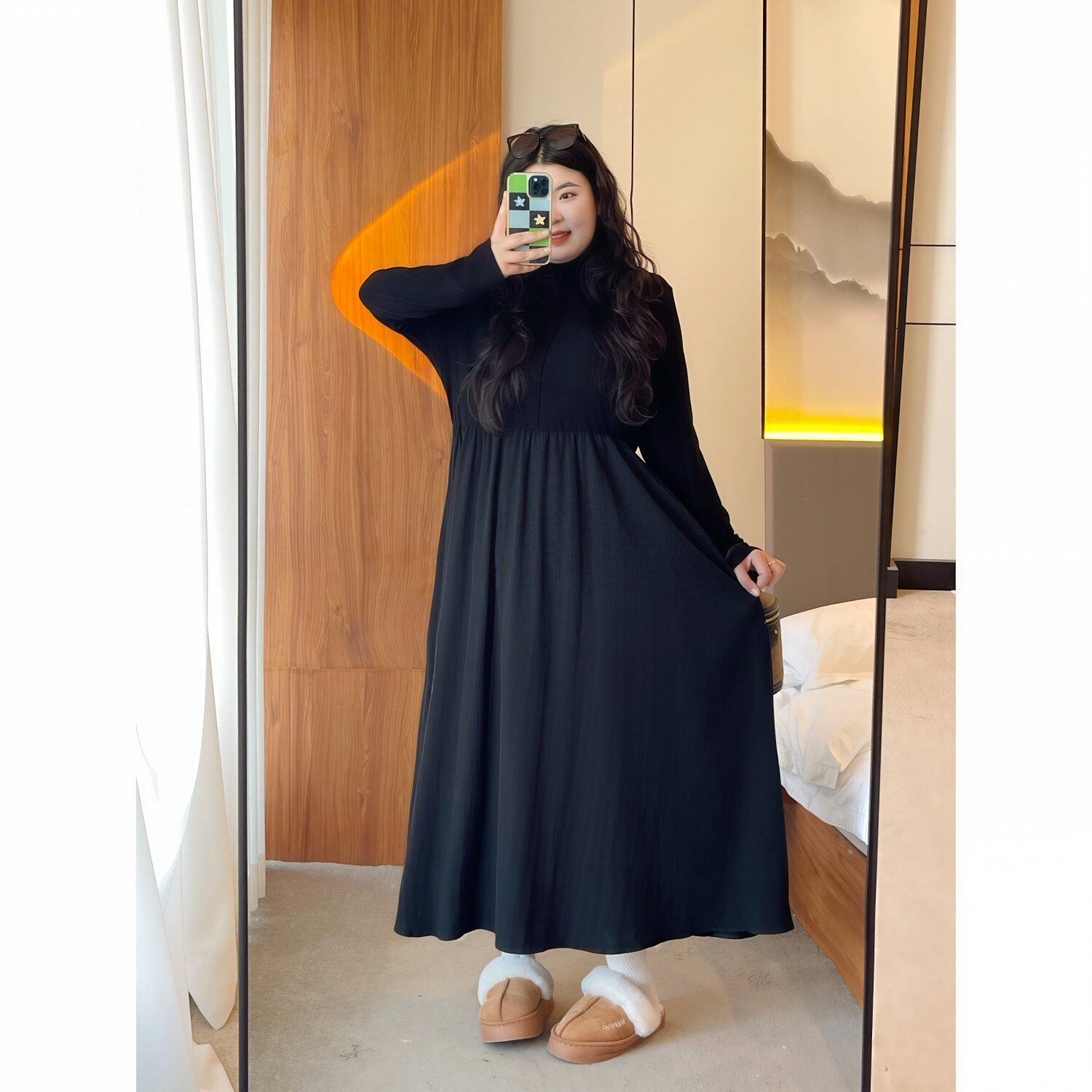 梵朵大码女装16033初春胖MM赫本风半高领连衣裙收腰显瘦针织裙潮