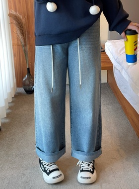 梵朵大码女装15610初春复古时髦高腰牛仔裤休闲直筒百搭阔腿裤女