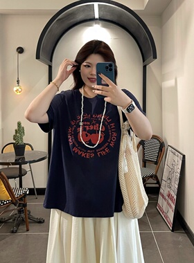 梵朵大码女装夏季圆领复古撞色印花短袖T恤宽松慵懒风上衣17877S