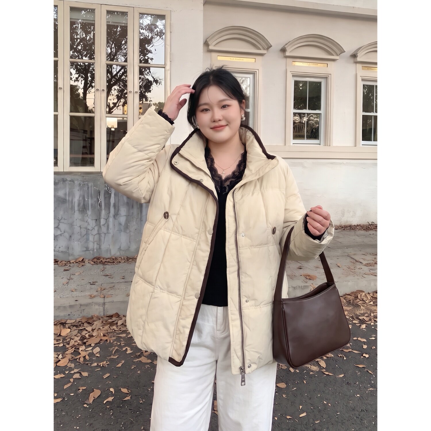 梵朵大码女装冬季韩版休闲织带拼接棉服百搭小个子外套潮16391R