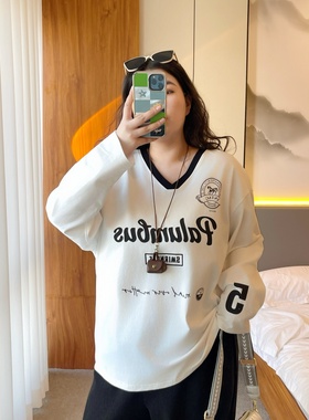 梵朵大码女装16163秋冬休闲百搭印花撞色长袖T恤显瘦遮肉打底上衣