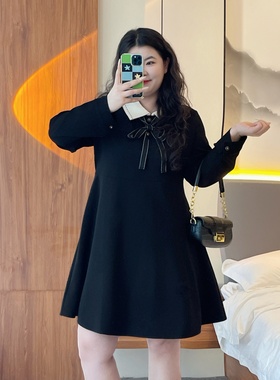 梵朵大码女装16035秋冬气质小香风蝴蝶结连衣裙收腰内搭宽松A字裙