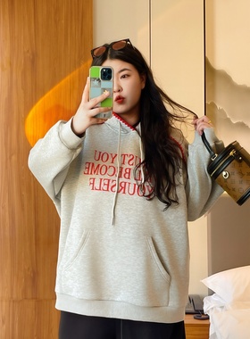 梵朵大码女装16260秋冬美式连帽加绒卫衣胖MM设计休闲学院风上衣