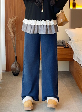 梵朵大码女装Y16441秋冬高腰阔腿长短牛仔裤加绒显瘦宽松直筒裤潮
