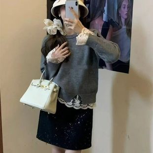 性感蕾丝拼接毛衣秋冬季 辣妹时尚 小个子宽松纯欲软糯针织上衣ins