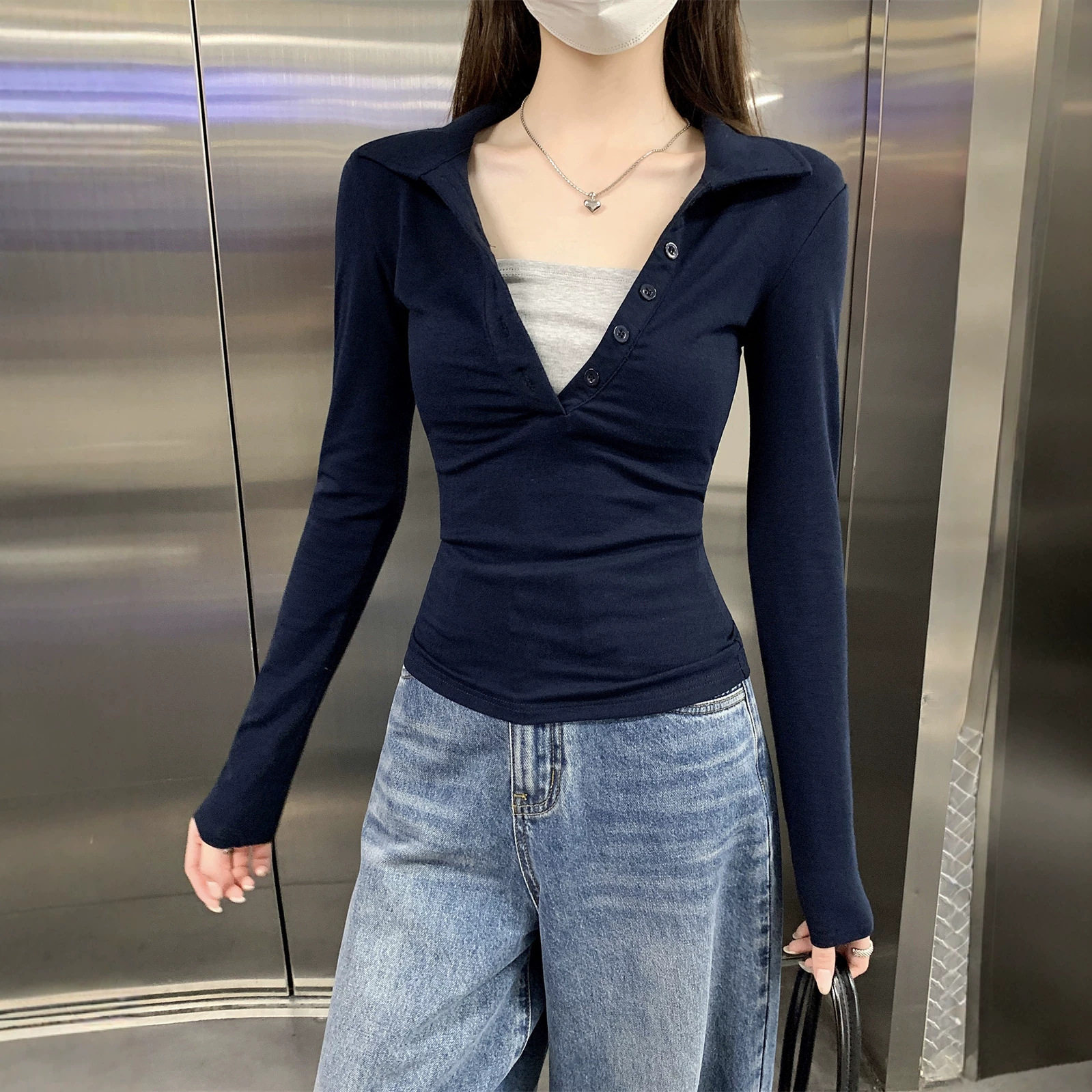 早秋辣妹风假两件长袖T恤