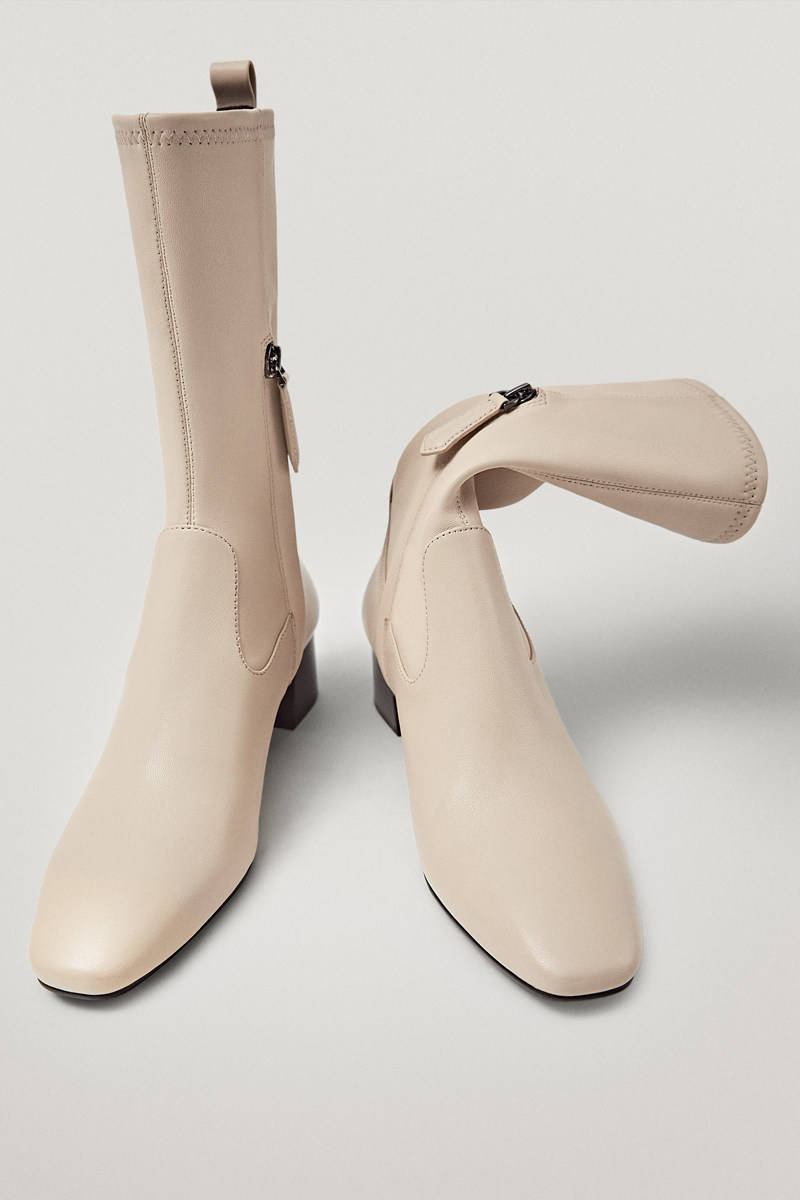 massimo dutti女鞋 真皮方头弹力靴白色中跟粗跟短筒时装靴子女潮