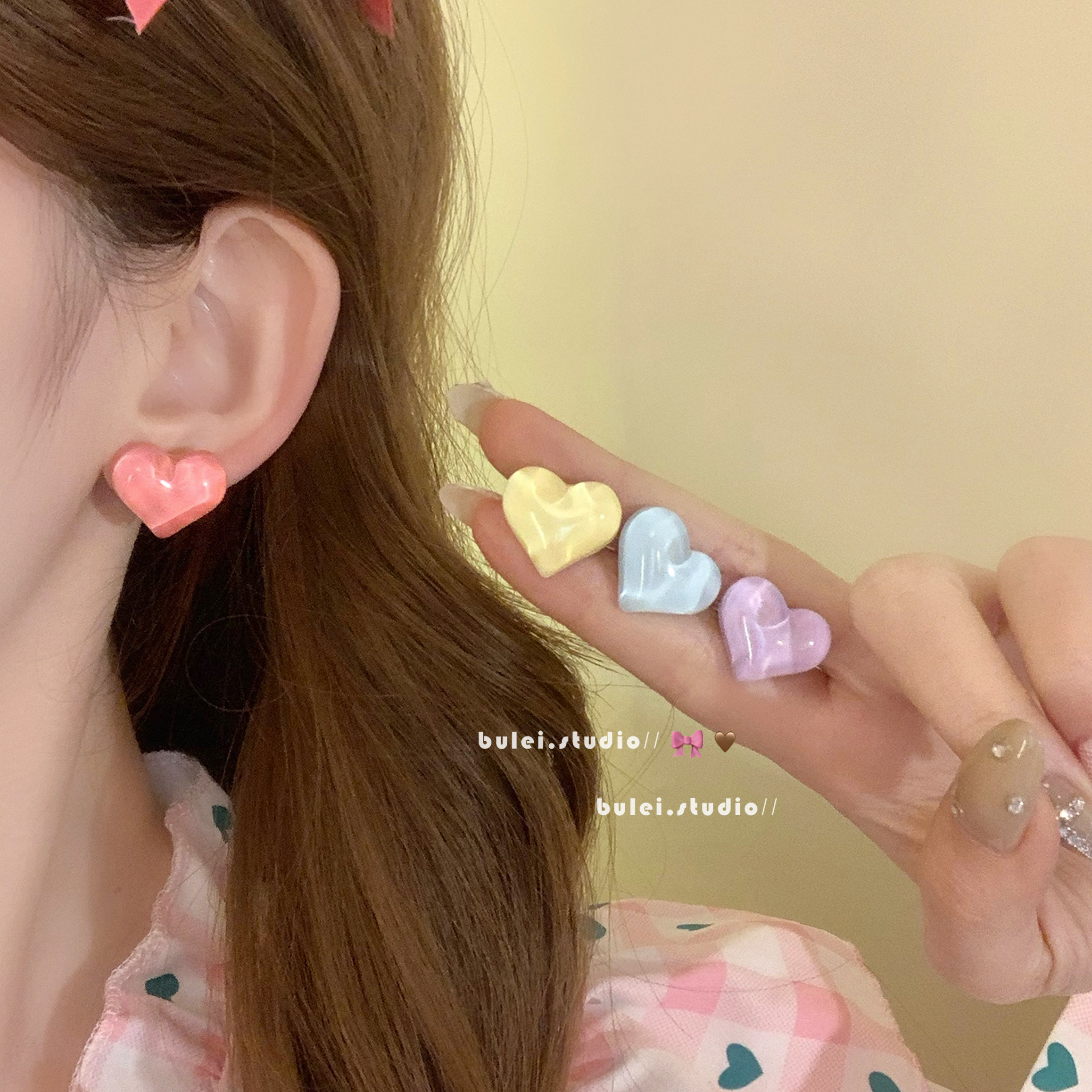 甜美可爱爱心耳环女彩色树脂小耳钉少女风装饰耳饰