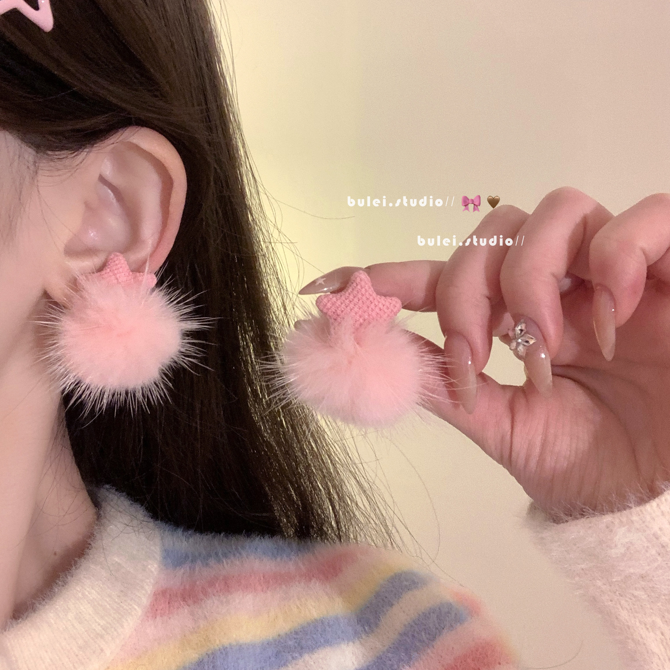 甜美粉色毛球星星耳环女毛毛冬季小众设计感温柔百搭耳饰耳夹,饰品/流行首饰/时尚饰品新,耳环,淘宝优惠券,粉丝福利购,淘宝优惠卷