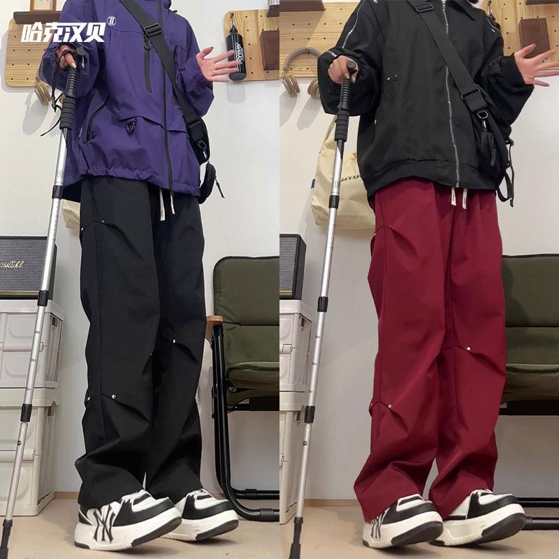 美式机能工装裤子男春秋季2025新款铆钉褶皱潮牌宽松直筒阔腿长裤图片