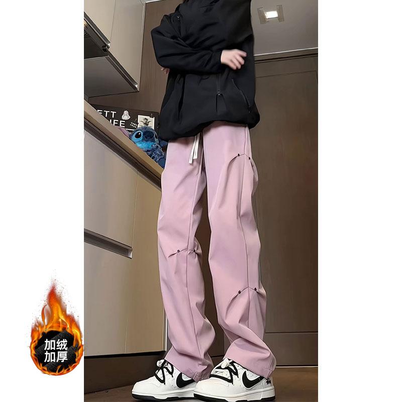 D-A232-HK9531加绒-P45粉色铆钉工装裤男款秋冬加绒加厚冲锋裤子，男装休闲裤，电商A232