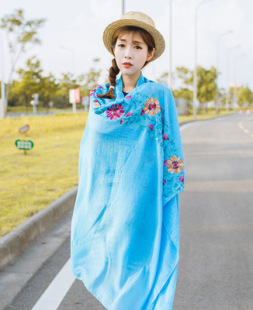 棉麻秋冬围巾披肩刺绣丝巾女文艺女秋冬季花朵印度长款厂15条包邮