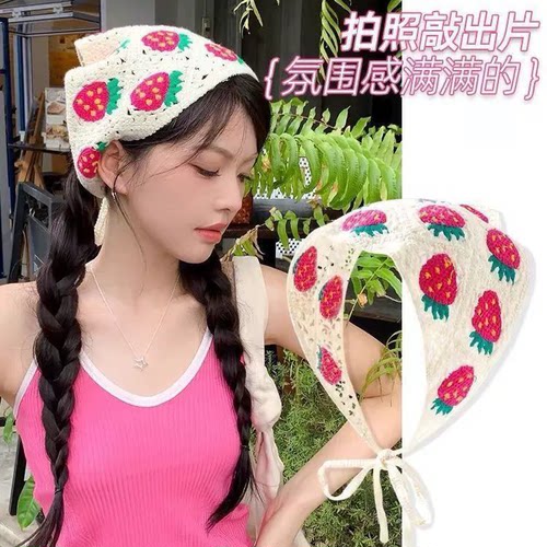 夏少女甜美钩花镂空三角巾女头巾