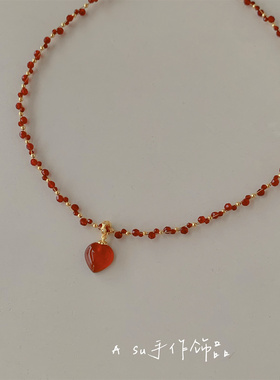 红色爱心吊坠项链女锁骨链