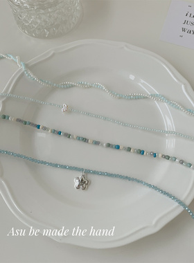 蓝色系米珠项链女锁骨链