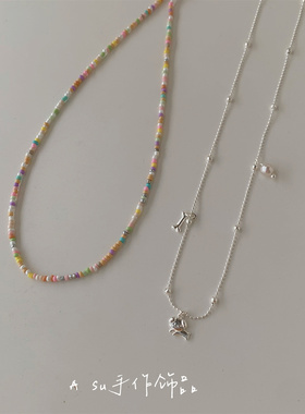 叠戴彩色珠子项链女锁骨链