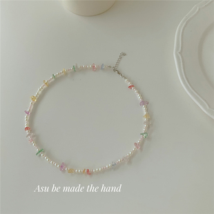 夏天甜美彩色碎石锁骨链珍珠项链锁骨链2025 包邮 满25