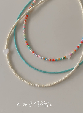 三条装叠戴锁骨链彩色圆珠链